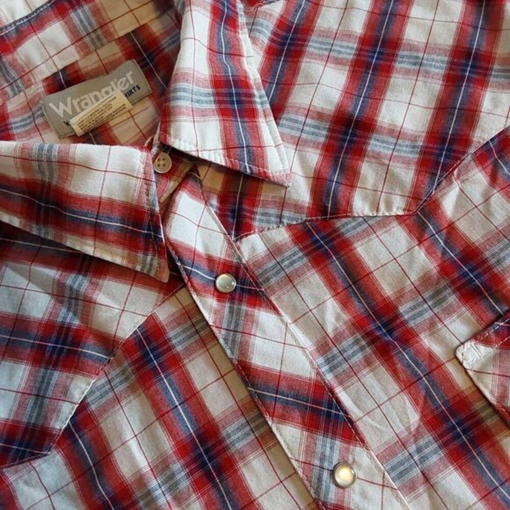 Wrangler Wrancher Wear Shirt Mens XL Red, White & Blue Pearl Snap Western Cowboy